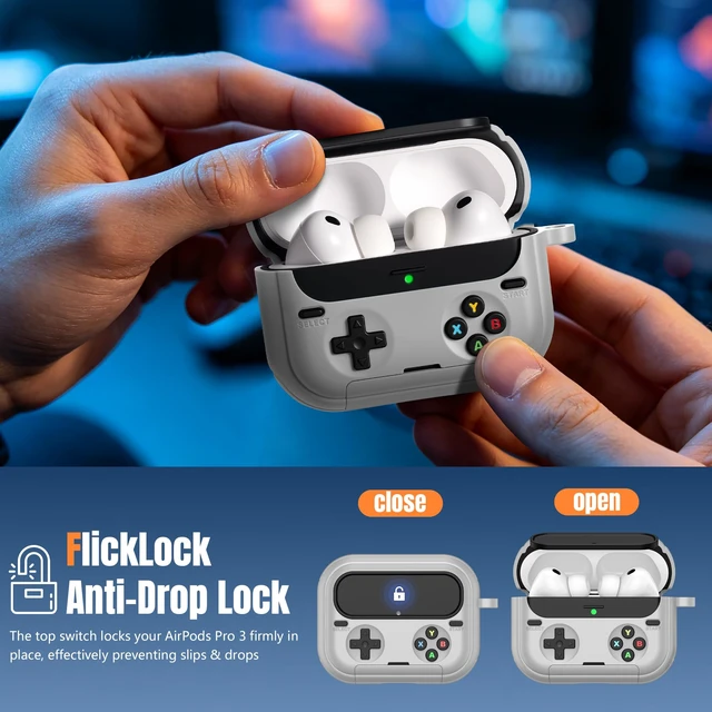 Alt view image 5 of 7 - Retro Game Case for AirPods Pro 3 Game Console Design Protective Cover with Foldable Stand, Secure Lock Anti-Drop Shockproof PC+TPU Case, Keychain & Cleaning Kit for Men & Boys, Gray
