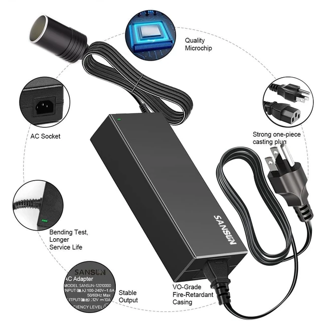 Alt view image 3 of 7 - AC to DC Converter 10A Car Cigarette Lighter Socket, 120V to 12V Supply Adapter Transformer for Electric Air Pump, Car Fan and Other Devices Under 120W (10A)