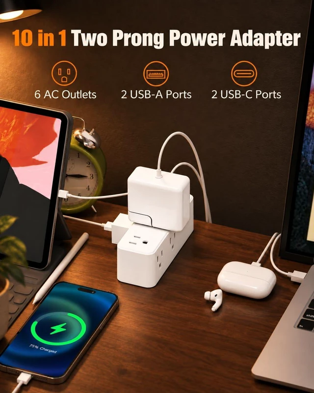 Alt view image 3 of 7 - 2 Prong Power Strip, 2 Prong to 3 Prong Outlet Adapter with 5ft Cord 1400J Two Prong Surge Protector, Flat Polarized Plug, 6 AC with 2 USB C and 2 USB A, Wall Mountable, Ideal for Old House