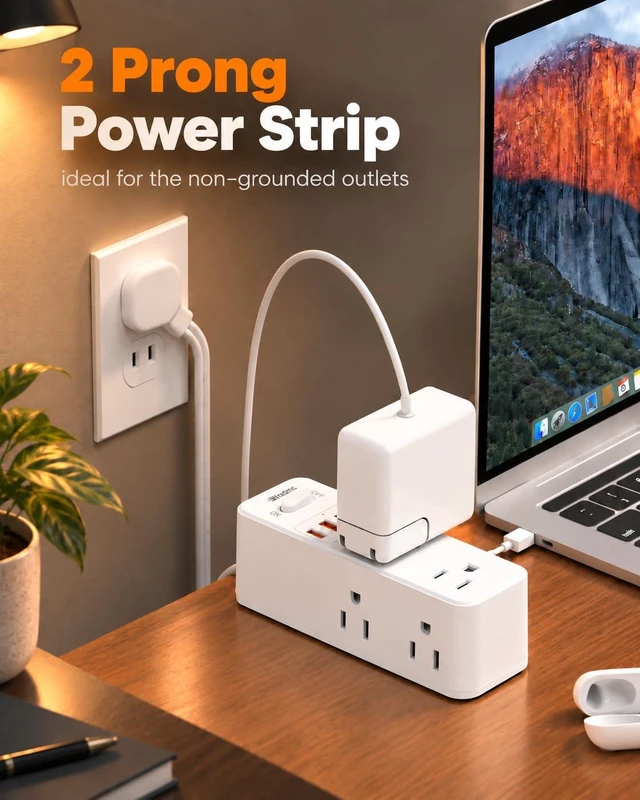 Alt view image 2 of 7 - 2 Prong Power Strip, 2 Prong to 3 Prong Outlet Adapter with 5ft Cord 1400J Two Prong Surge Protector, Flat Polarized Plug, 6 AC with 2 USB C and 2 USB A, Wall Mountable, Ideal for Old House