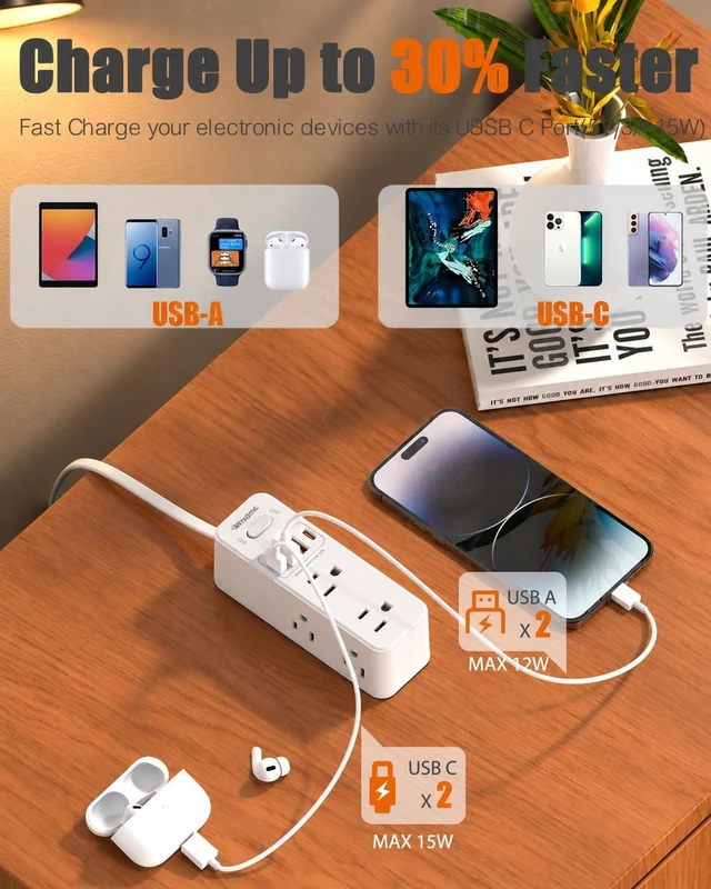 Alt view image 6 of 7 - 2 Prong Power Strip, 2 Prong to 3 Prong Outlet Adapter with 5ft Cord 1400J Two Prong Surge Protector, Flat Polarized Plug, 6 AC with 2 USB C and 2 USB A, Wall Mountable, Ideal for Old House