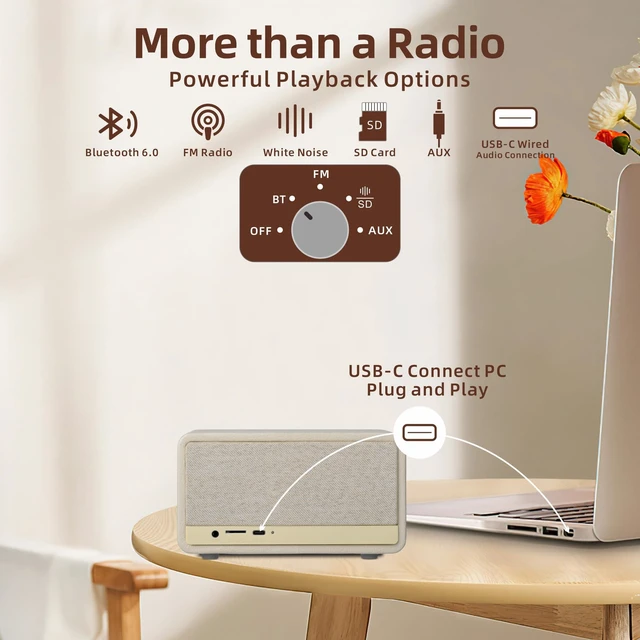 Alt view image 4 of 7 - Vintage Portable Radio Bluetooth Speaker for Home Office Kitchen Excellent Sound, Good Reception, Compact size, Built in White Noise, Built in 2600mah Rechargeable Battery
