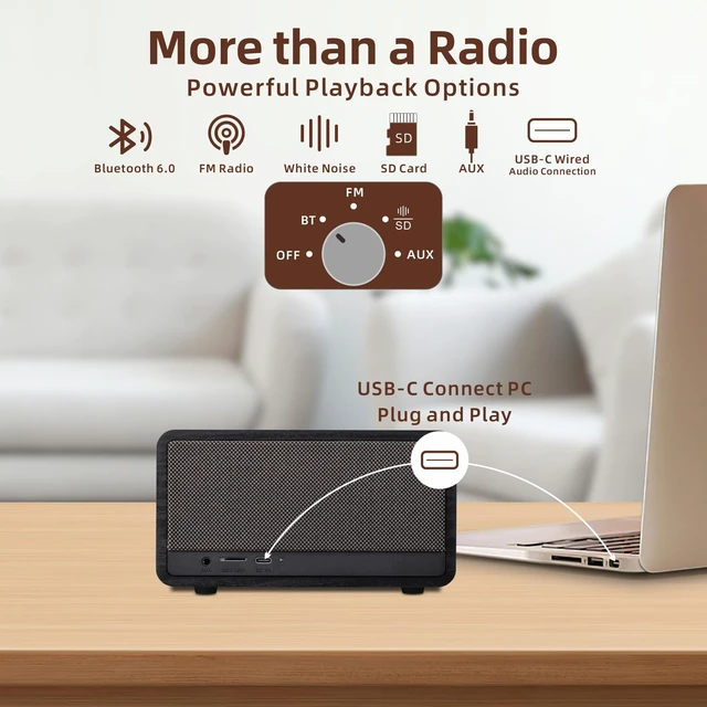 Alt view image 4 of 7 - Vintage Radio Bluetooth Speaker for Home Office Kitchen Desk Decor Excellent Sound, Good Reception, Compact size, Built in White Noise, Built in 2600mah Rechargeable Battery