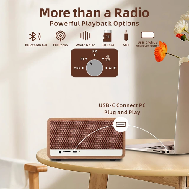Alt view image 4 of 7 - Vintage Small Radio Bluetooth Speaker for Home Office Kitchen Decor Excellent Sound, Good Reception, Compact size, Built in White Noise, Built in 2600mah Rechargeable Battery