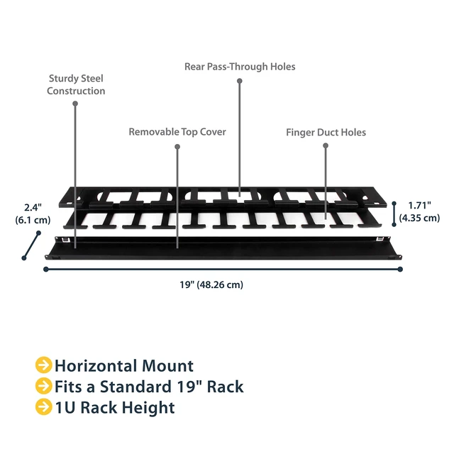 Alt view image 2 of 7 - Horizontal 1U Server Rack Cable Management Finger Duct w/ Cover - 19" Network Rack Wire Duct Raceway Panel - Slotted Wire Duct (CMDUCT1UX)