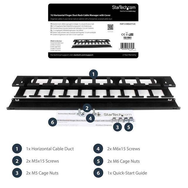Alt view image 6 of 7 - Horizontal 1U Server Rack Cable Management Finger Duct w/ Cover - 19" Network Rack Wire Duct Raceway Panel - Slotted Wire Duct (CMDUCT1UX)