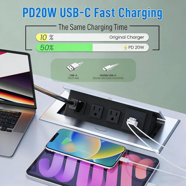 Alt view image 2 of 6 - Power Hub for Conference Table PD20W USB-C Fast Charging, Silver Pop Up Power Strip, 3AC Outlets, USB A+Type C Port, for Conference Room Kitchen Countertop