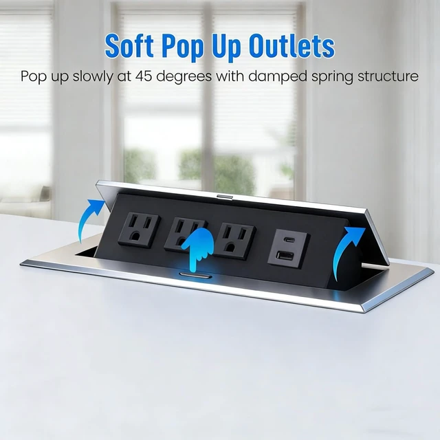 Alt view image 4 of 6 - Power Hub for Conference Table PD20W USB-C Fast Charging, Silver Pop Up Power Strip, 3AC Outlets, USB A+Type C Port, for Conference Room Kitchen Countertop