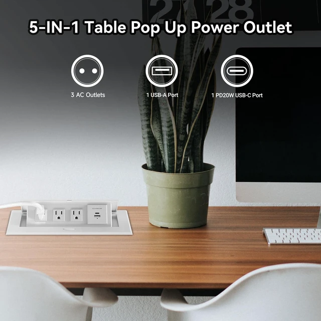 Alt view image 2 of 7 - Power Hub for Conference Table PD20W USB-C Fast Charging, White Pop Up Power Strip, 3AC Outlets, USB A+Type C Port, for Conference Room Kitchen Countertop