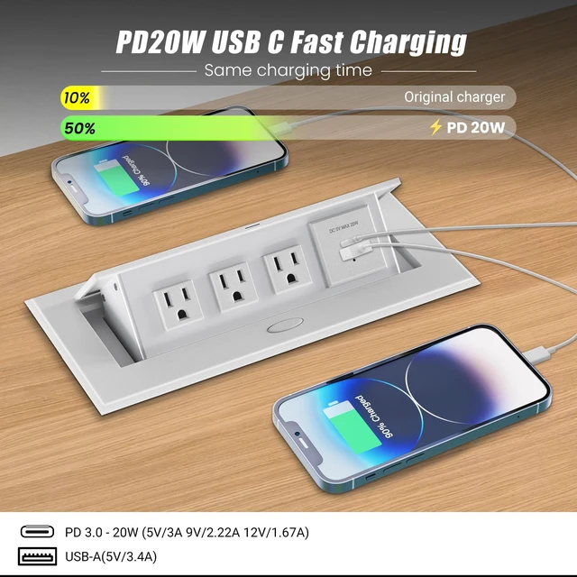 Alt view image 3 of 7 - Power Hub for Conference Table PD20W USB-C Fast Charging, White Pop Up Power Strip, 3AC Outlets, USB A+Type C Port, for Conference Room Kitchen Countertop