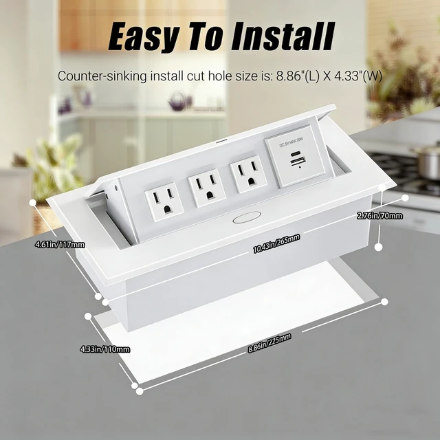 Alt view image 6 of 7 - Power Hub for Conference Table PD20W USB-C Fast Charging, White Pop Up Power Strip, 3AC Outlets, USB A+Type C Port, for Conference Room Kitchen Countertop