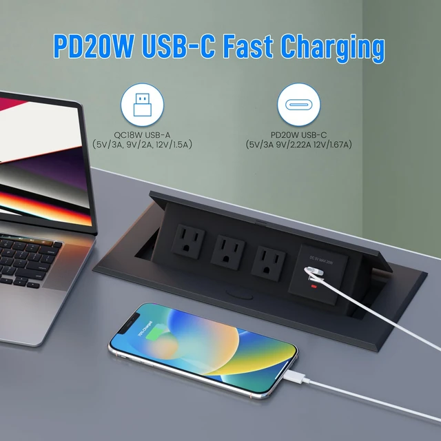 Alt view image 2 of 7 - Power Hub for Conference Table PD20W USB-C Fast Charging, Black Pop Up Power Strip, 3AC Outlets, USB A+Type C Port, for Conference Room Kitchen Countertop