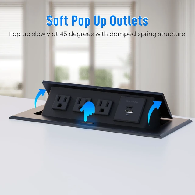 Alt view image 3 of 7 - Power Hub for Conference Table PD20W USB-C Fast Charging, Black Pop Up Power Strip, 3AC Outlets, USB A+Type C Port, for Conference Room Kitchen Countertop