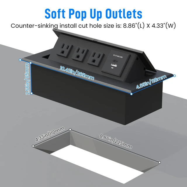 Alt view image 5 of 7 - Power Hub for Conference Table PD20W USB-C Fast Charging, Black Pop Up Power Strip, 3AC Outlets, USB A+Type C Port, for Conference Room Kitchen Countertop