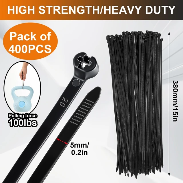 Alt view image 2 of 7 - 15 Inch 400 Pcs Black Zip Tie Cable Tie with Metal Tooth Self Locking Nylon Cable Zip Ties, 100 Lbs Tensile Strength, UV Resistant Wire Wraps Multi Purpose for Industrial Indoor Outdoor Use