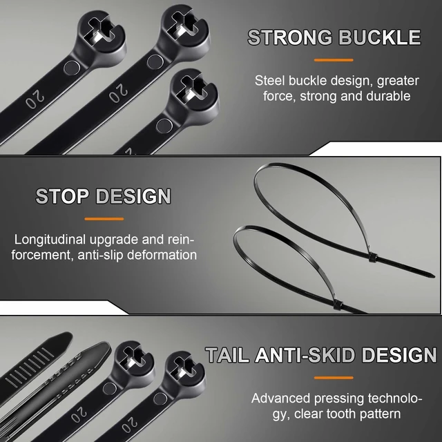 Alt view image 3 of 7 - 15 Inch 400 Pcs Black Zip Tie Cable Tie with Metal Tooth Self Locking Nylon Cable Zip Ties, 100 Lbs Tensile Strength, UV Resistant Wire Wraps Multi Purpose for Industrial Indoor Outdoor Use