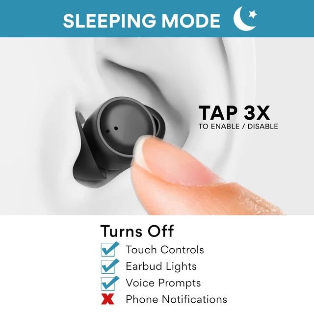 Alt view image 2 of 7 - SleepTones Sleep Earbuds Bluetooth for Side Sleeper, Black Compact Wireless Sleeping Headphones, Low-Profile Earpieces for Comfortable Fit, Built-in Mic, Touch Controls, Charging Case