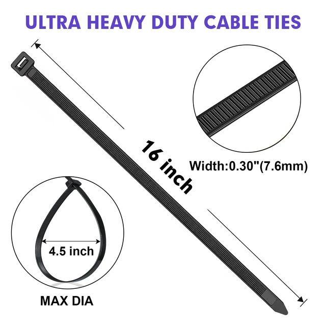 Alt view image 2 of 7 - 1200pcs Black Cable Zip Ties 16 Inch, Heavy Duty Plastic Wire Ties with 100lb Tensile Strength, Self-Locking Black Nylon Tie Wraps for Indoor and Outdoor