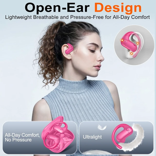 Alt view image 2 of 7 - Open Ear Buds Wireless Earbuds 5.4 Bluetooth Headphones Deep Bass Sound,smart Touch Control,60Hrs Playtime Earphone with Earhooks for Running, Meeting, Workout-Hot Pink