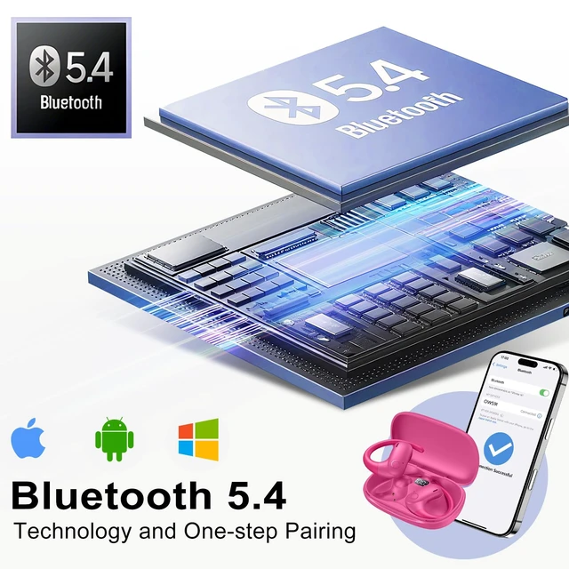 Alt view image 4 of 7 - Open Ear Buds Wireless Earbuds 5.4 Bluetooth Headphones Deep Bass Sound,smart Touch Control,60Hrs Playtime Earphone with Earhooks for Running, Meeting, Workout-Hot Pink