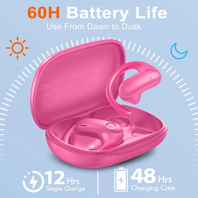 Alt view image 6 of 7 - Open Ear Buds Wireless Earbuds 5.4 Bluetooth Headphones Deep Bass Sound,smart Touch Control,60Hrs Playtime Earphone with Earhooks for Running, Meeting, Workout-Hot Pink