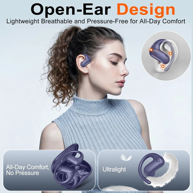 Alt view image 2 of 7 - Open Ear Buds Wireless Earbuds 5.4 Bluetooth Headphones Deep Bass Sound,smart Touch Control,60Hrs Playtime Earphone with Earhooks for Running, Meeting, Workout-Blue