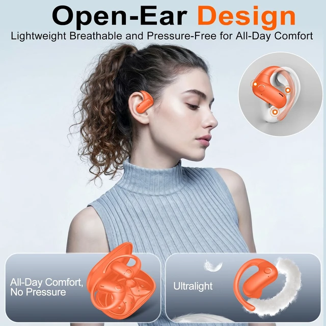 Alt view image 2 of 7 - Open Ear Buds Wireless Earbuds 5.4 Bluetooth Headphones Deep Bass Sound,smart Touch Control,60Hrs Playtime Earphone with Earhooks for Running, Meeting, Workout-Orange