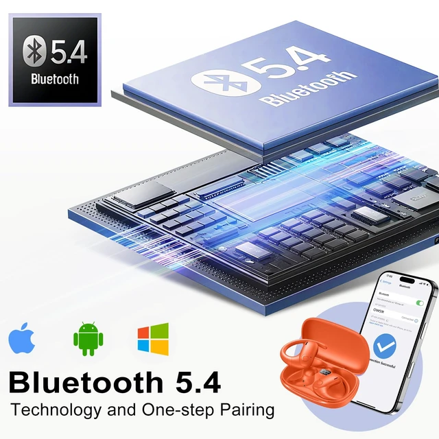 Alt view image 5 of 7 - Open Ear Buds Wireless Earbuds 5.4 Bluetooth Headphones Deep Bass Sound,smart Touch Control,60Hrs Playtime Earphone with Earhooks for Running, Meeting, Workout-Orange