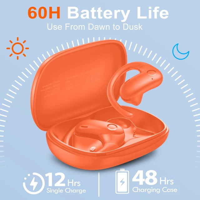 Alt view image 6 of 7 - Open Ear Buds Wireless Earbuds 5.4 Bluetooth Headphones Deep Bass Sound,smart Touch Control,60Hrs Playtime Earphone with Earhooks for Running, Meeting, Workout-Orange