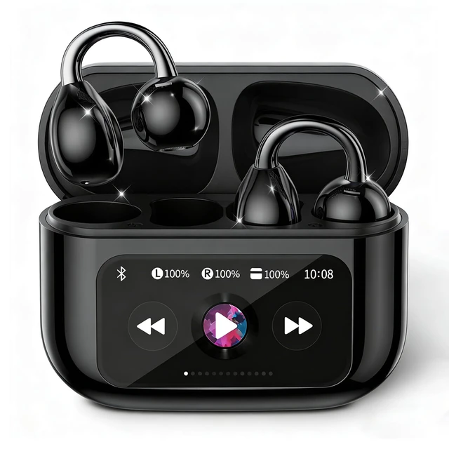Main image of Clip-on Earbuds, Open Ear Earbuds with LCD Touchscreen Wireless Bluetooth 5.4, Lightweight M100 Open Ear Headphones with C-Shaped Bridge, Slim Hook,48H Battery, for Sports, Fitness (Black)