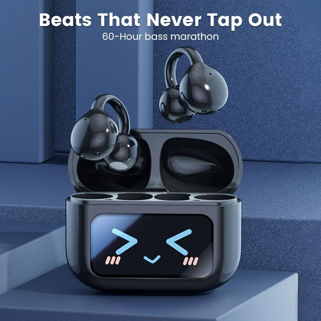 Alt view image 4 of 7 - Clip-on Earbuds, Open Ear Earbuds with LCD Touchscreen Wireless Bluetooth 5.4, Lightweight M100 Open Ear Headphones with C-Shaped Bridge, Slim Hook,48H Battery, for Sports, Fitness (Black)