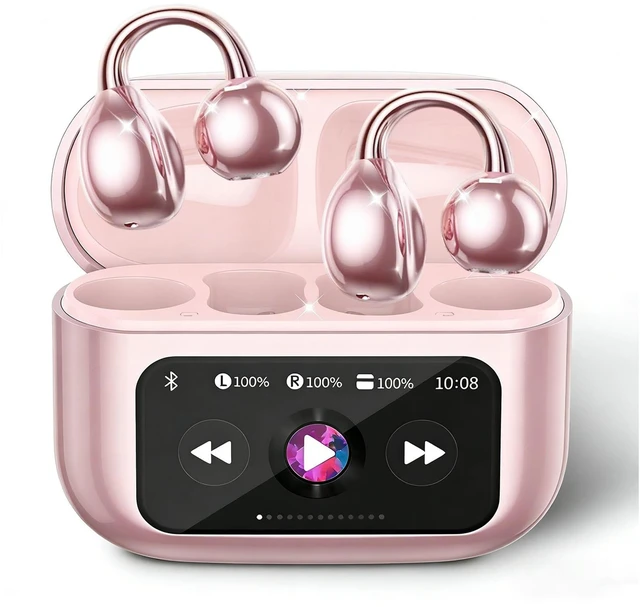 Main image of Clip-on Earbuds, Open Ear Earbuds with LCD Touchscreen Wireless Bluetooth 5.4, Lightweight M100 Open Ear Headphones with C-Shaped Bridge, Slim Hook,48H Battery, for Sports, Fitness (Pink)