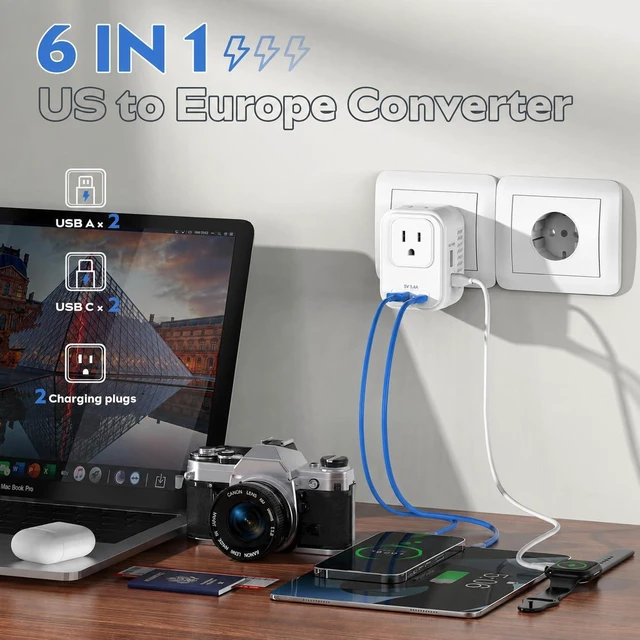 Alt view image 4 of 7 - Voltage Converter for European Travel: 220V to 110V Converter US to Europe, Plug Adapter with Fast Charge 2 USB C, 2 USB A & 2 Outlets, Universal Travel Essentials for France Germany Italy Spain, etc