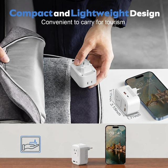 Alt view image 5 of 7 - Voltage Converter for European Travel: 220V to 110V Converter US to Europe, Plug Adapter with Fast Charge 2 USB C, 2 USB A & 2 Outlets, Universal Travel Essentials for France Germany Italy Spain, etc