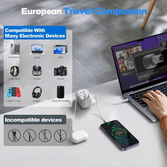 Alt view image 6 of 7 - Voltage Converter for European Travel: 220V to 110V Converter US to Europe, Plug Adapter with Fast Charge 2 USB C, 2 USB A & 2 Outlets, Universal Travel Essentials for France Germany Italy Spain, etc