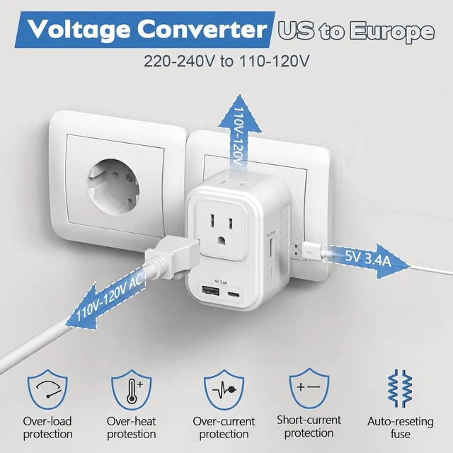 Alt view image 7 of 7 - Voltage Converter for European Travel: 220V to 110V Converter US to Europe, Plug Adapter with Fast Charge 2 USB C, 2 USB A & 2 Outlets, Universal Travel Essentials for France Germany Italy Spain, etc