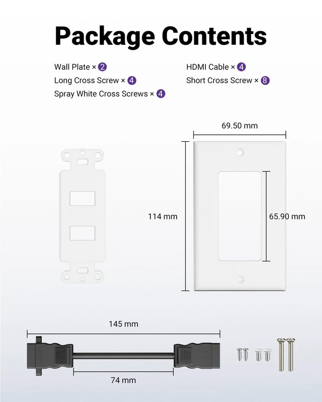 Alt view image 7 of 7 - 4K HDMI Outlet Wall Plate 2-Port, with Pigtail Cable, 2 Pack Supports 4K@60 Hz HDR ARC, HDMI Outlet for Home Theater, High-Speed, Easy Installation