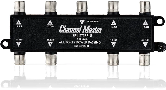 Main image of Splitter 8 8-Way Splitter Distributes Digital HDTV Antenna Signal to 8 TVs, One Input and Eight Outputs, Power Passing for Preamplifiers and Boosters, Low-Loss Design, Indoor/Outdoor