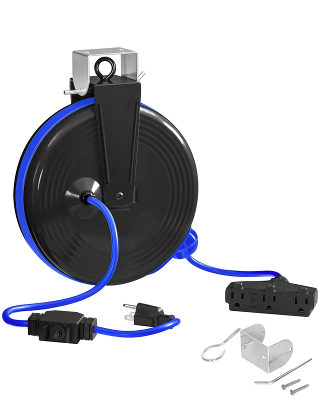 Main image of 30 Ft Retractable Extension Cord Reel, 16/3 Gauge SJTOW Power Cord with 3 Electrical Outlets Pigtail for Garage and Shop, 10 Amp Circuit Breaker, Metal Plate, UL Listed, Blue U30ACR06