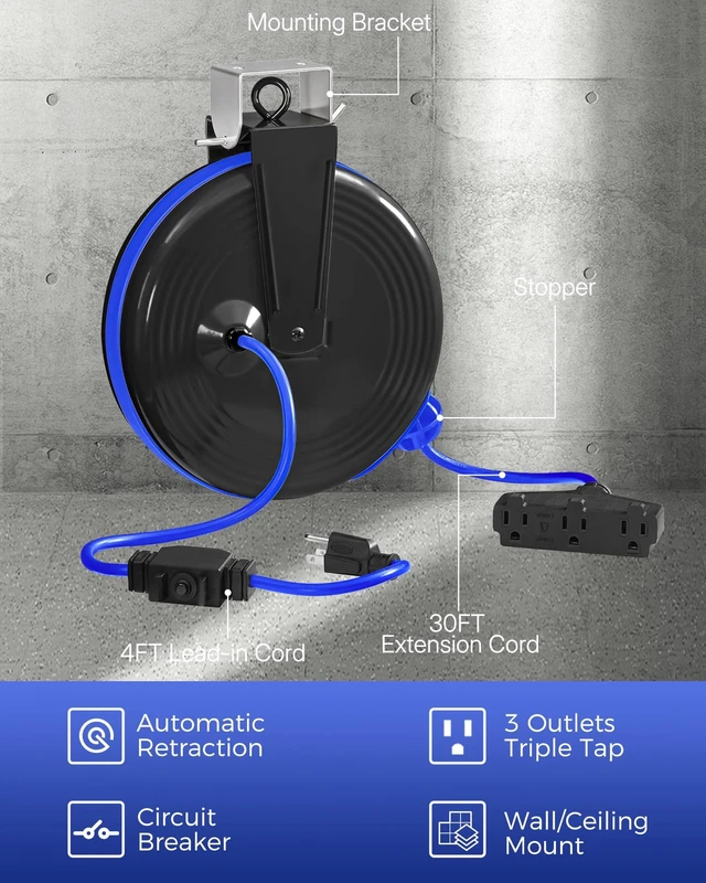 Alt view image 3 of 7 - 30 Ft Retractable Extension Cord Reel, 16/3 Gauge SJTOW Power Cord with 3 Electrical Outlets Pigtail for Garage and Shop, 10 Amp Circuit Breaker, Metal Plate, UL Listed, Blue U30ACR06