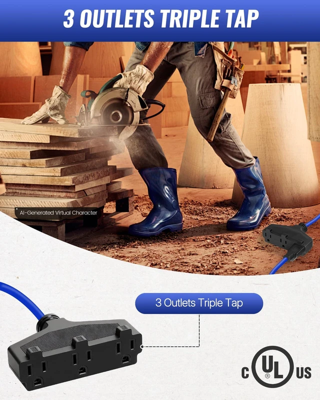 Alt view image 4 of 7 - 30 Ft Retractable Extension Cord Reel, 16/3 Gauge SJTOW Power Cord with 3 Electrical Outlets Pigtail for Garage and Shop, 10 Amp Circuit Breaker, Metal Plate, UL Listed, Blue U30ACR06