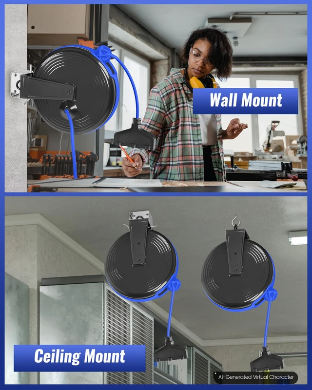 Alt view image 6 of 7 - 30 Ft Retractable Extension Cord Reel, 16/3 Gauge SJTOW Power Cord with 3 Electrical Outlets Pigtail for Garage and Shop, 10 Amp Circuit Breaker, Metal Plate, UL Listed, Blue U30ACR06