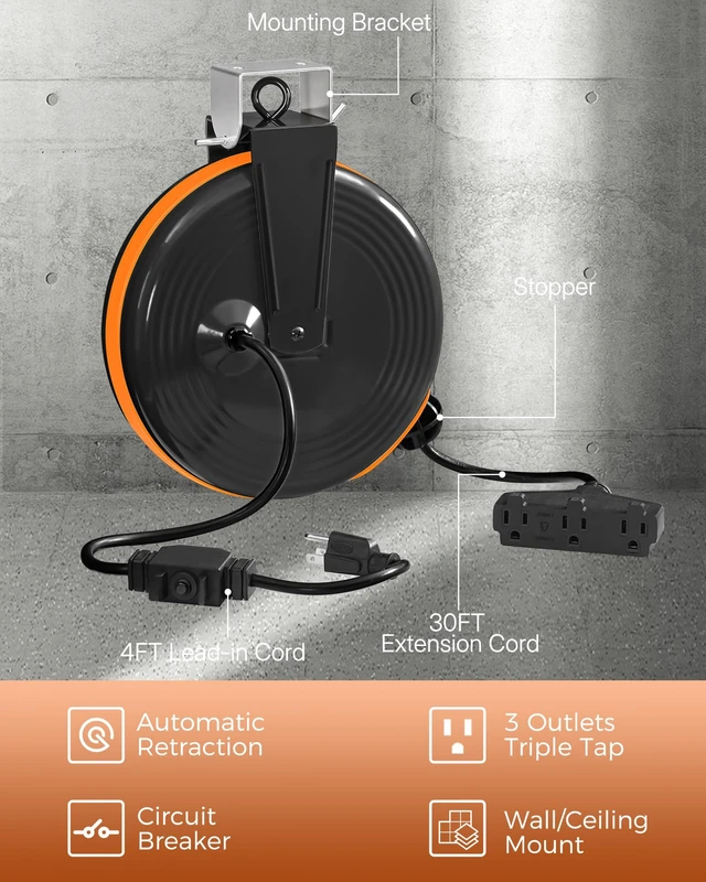 Alt view image 3 of 7 - 30 Ft Retractable Extension Cord Reel, 16/3 Gauge SJTOW Power Cord with 3 Electrical Outlets Pigtail for Garage and Shop, 10 Amp Circuit Breaker, Metal Plate, UL Listed, Black B30ACR06