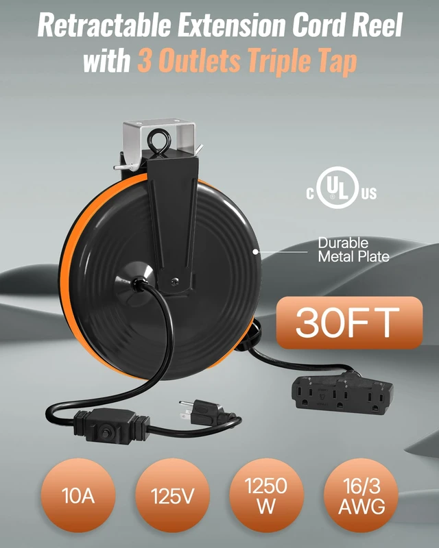 Alt view image 2 of 7 - 30 Ft Retractable Extension Cord Reel, 16/3 Gauge SJTOW Power Cord with 3 Electrical Outlets Pigtail for Garage and Shop, 10 Amp Circuit Breaker, Metal Plate, UL Listed, Black B30ACR06
