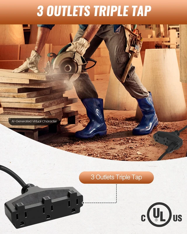 Alt view image 4 of 7 - 30 Ft Retractable Extension Cord Reel, 16/3 Gauge SJTOW Power Cord with 3 Electrical Outlets Pigtail for Garage and Shop, 10 Amp Circuit Breaker, Metal Plate, UL Listed, Black B30ACR06