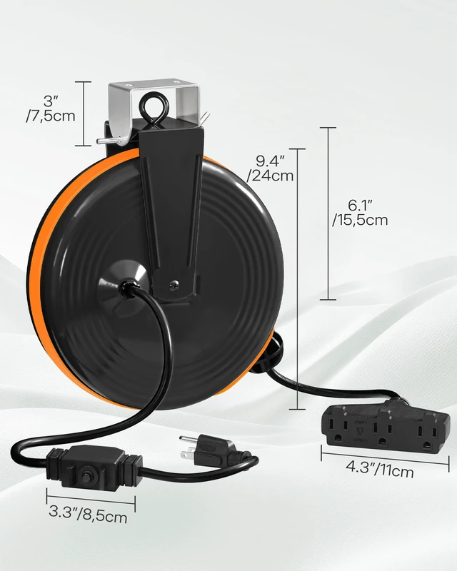 Alt view image 5 of 7 - 30 Ft Retractable Extension Cord Reel, 16/3 Gauge SJTOW Power Cord with 3 Electrical Outlets Pigtail for Garage and Shop, 10 Amp Circuit Breaker, Metal Plate, UL Listed, Black B30ACR06