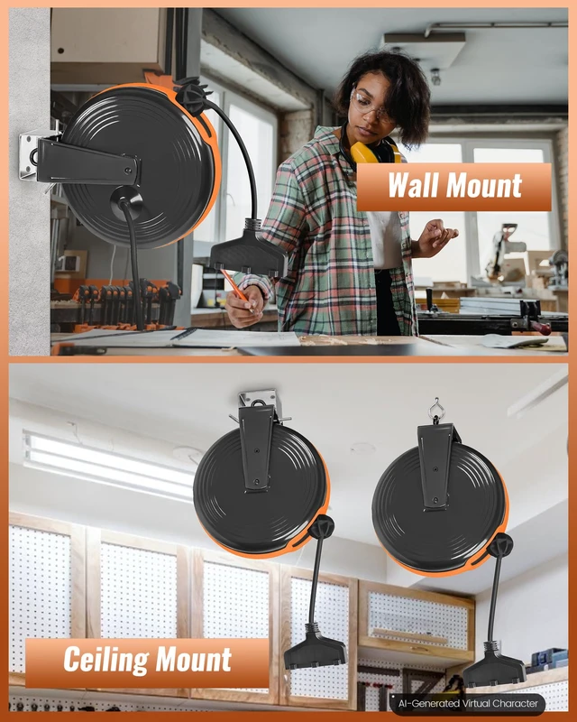 Alt view image 6 of 7 - 30 Ft Retractable Extension Cord Reel, 16/3 Gauge SJTOW Power Cord with 3 Electrical Outlets Pigtail for Garage and Shop, 10 Amp Circuit Breaker, Metal Plate, UL Listed, Black B30ACR06
