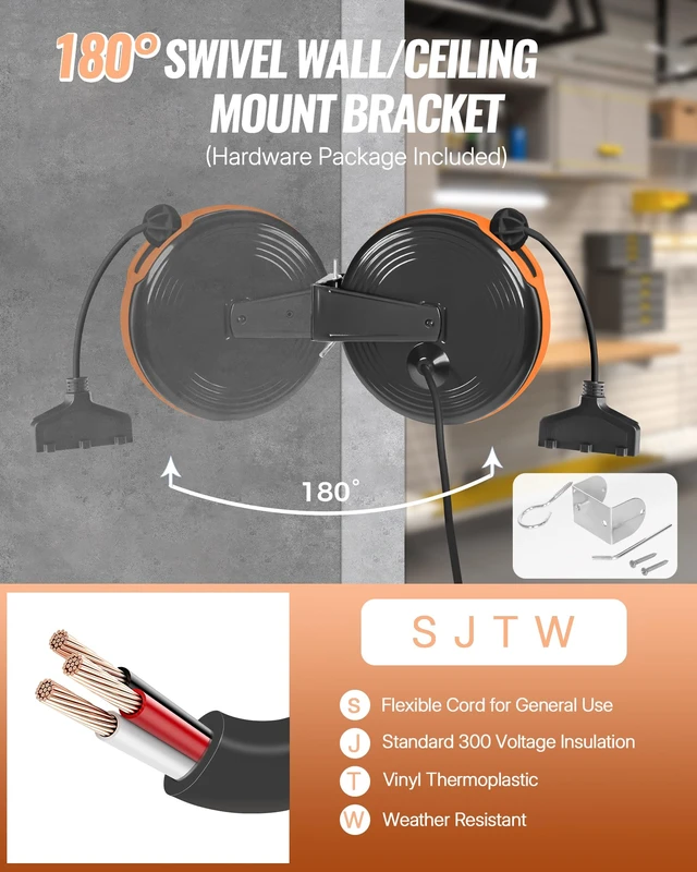 Alt view image 7 of 7 - 30 Ft Retractable Extension Cord Reel, 16/3 Gauge SJTOW Power Cord with 3 Electrical Outlets Pigtail for Garage and Shop, 10 Amp Circuit Breaker, Metal Plate, UL Listed, Black B30ACR06