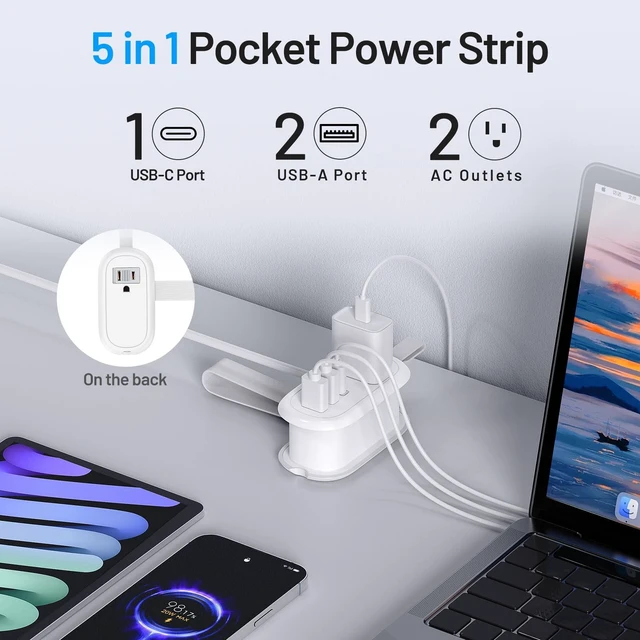 Alt view image 2 of 7 - Travel Power Strip, 2 Outlets 3 USB Ports 4FT Extension Cord, White Small Portable Travel Extension Cord with USB-C Ports for Cruise Ships, Dorm, Hotel, Travel Essentials
