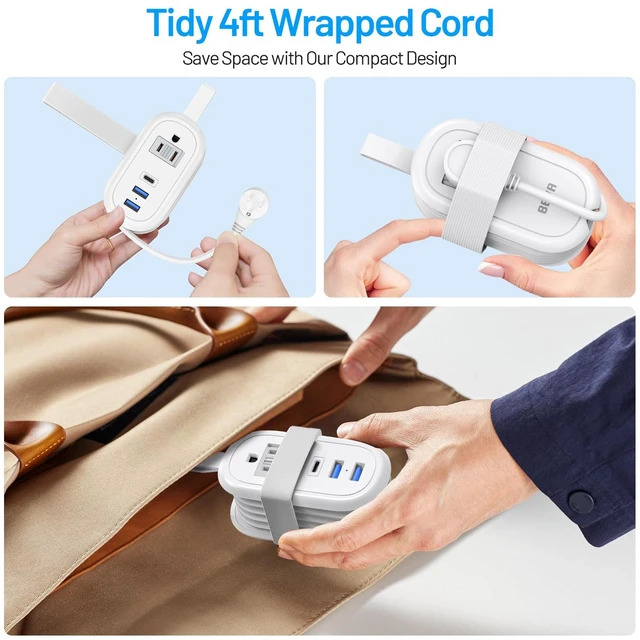 Alt view image 4 of 7 - Travel Power Strip, 2 Outlets 3 USB Ports 4FT Extension Cord, White Small Portable Travel Extension Cord with USB-C Ports for Cruise Ships, Dorm, Hotel, Travel Essentials